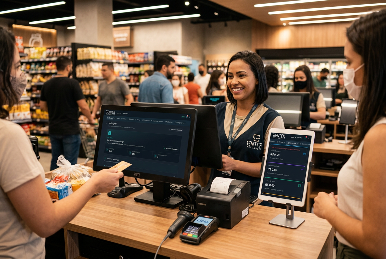 Operadora de caixa usando o ERP Enter Automação no monitor e no tablet do PDV